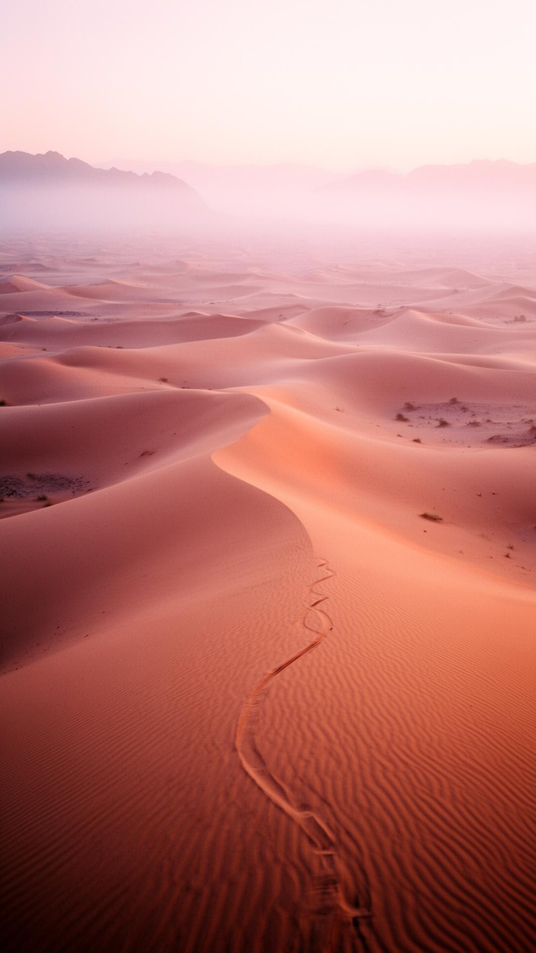 Dunes of the Sharqiya Sands at dusk, mountains rising behind