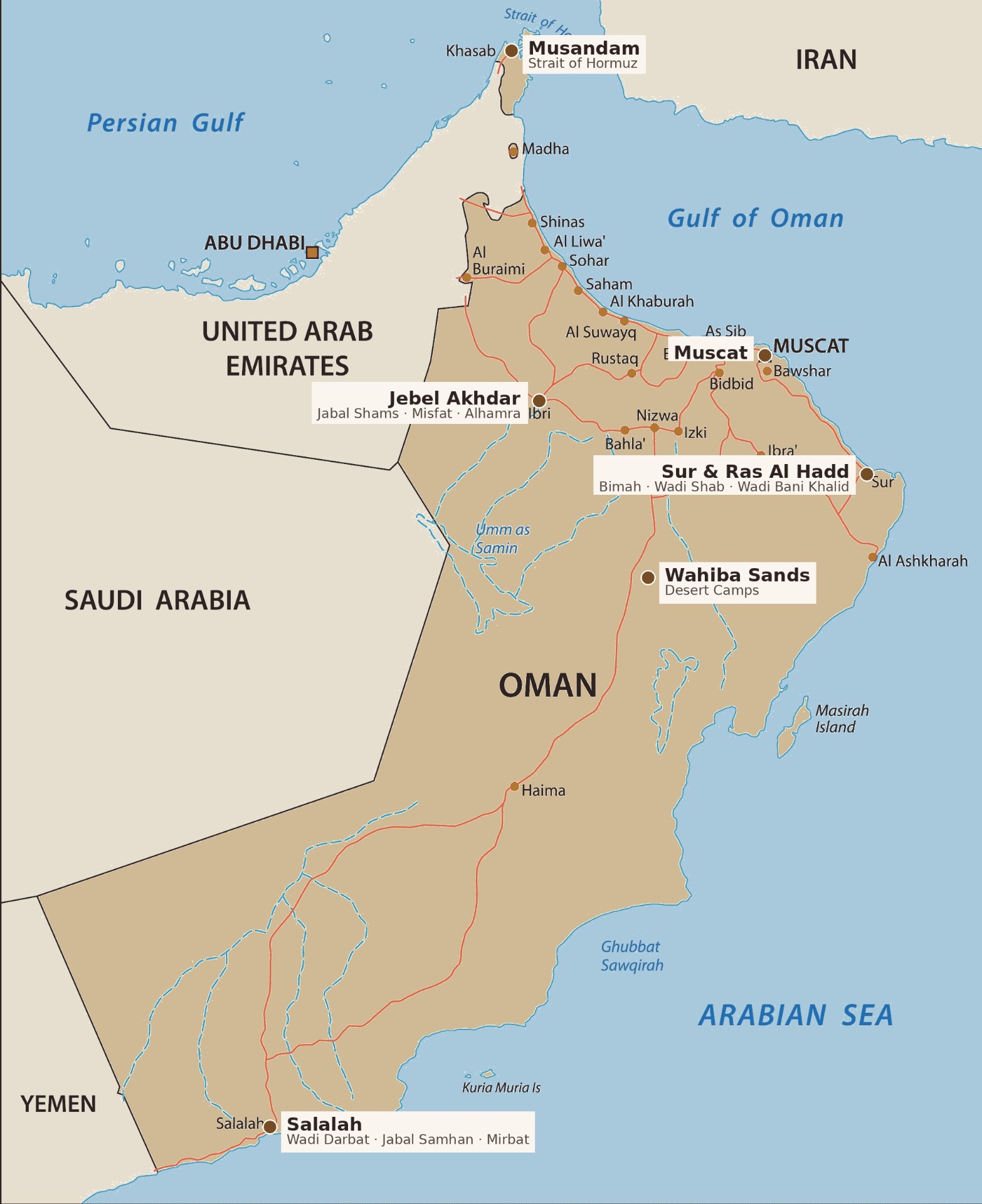 Editorial map of Oman — Musandam, Jebel Akhdar, Wahiba Sands, Sur, Salalah
