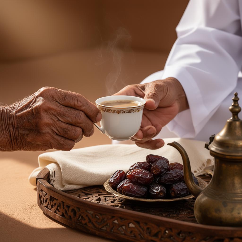 Elderly Omani hands offering a porcelain cup of kahwa beside fresh dates and a brass dallah — a ritual of welcome